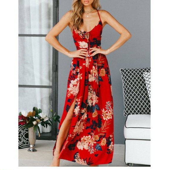 Dresses & Skirts - Red Floral Maxi w/ Crisscross Tie Back